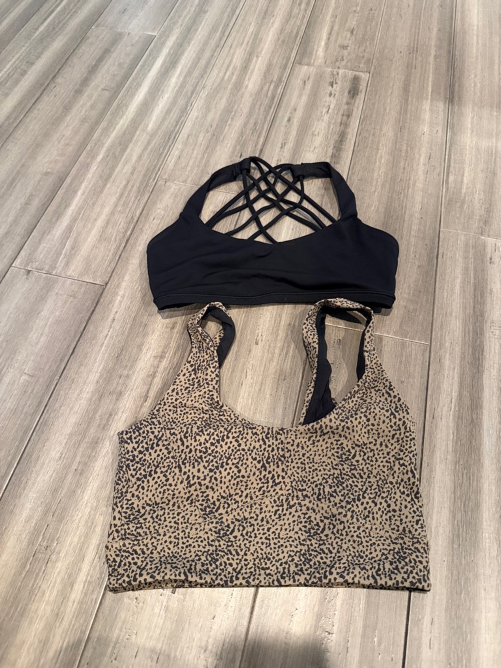 lululemon athletica Black Strappy Sports Bra & Beige Leopard Print Bra